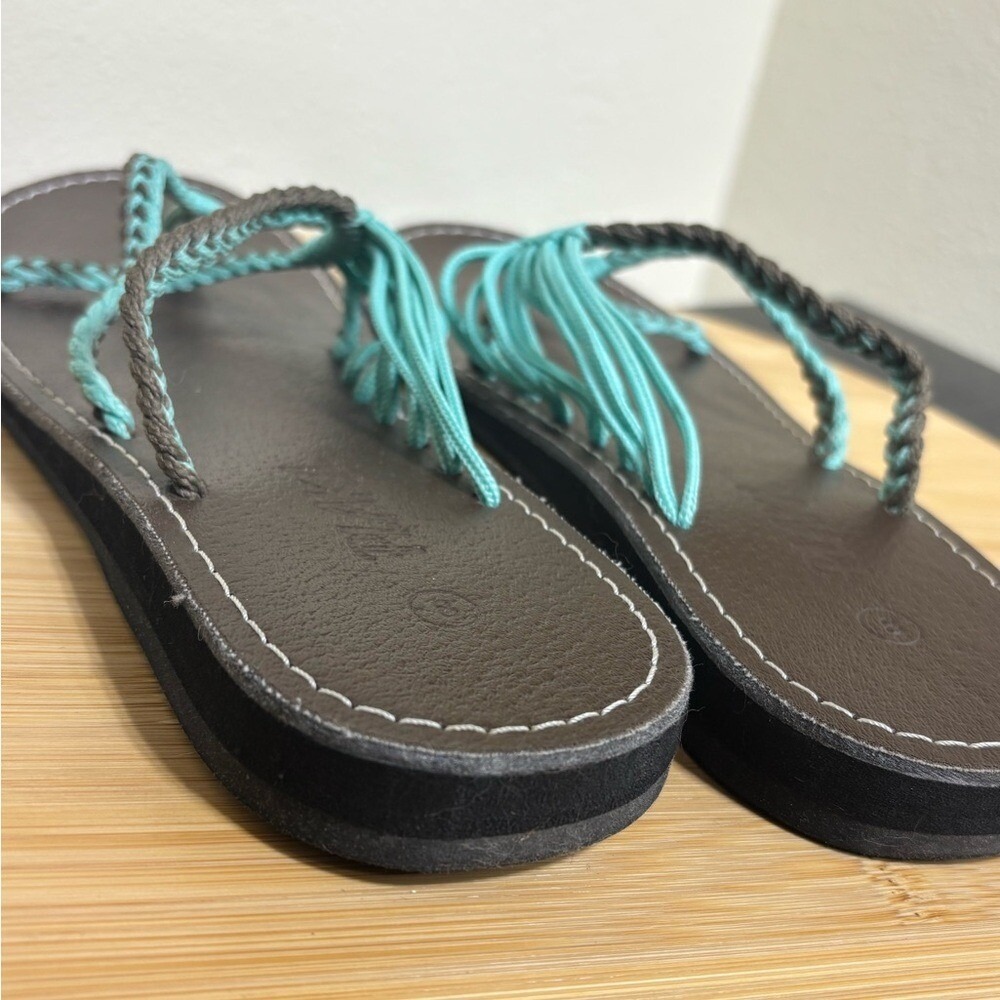 Plaka Oceanside Flat Sandals Size 8 Turquoise Brown Braided Rope Bohemian - Picture 5 of 8